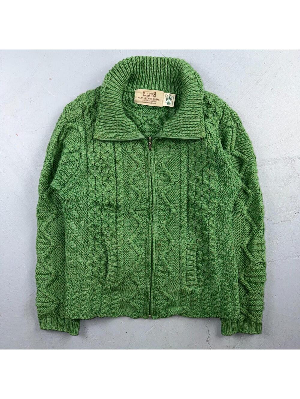 Aran Sweater Market Fisherman Wool Sweater Womens Size XS Ireland Green Zip Up